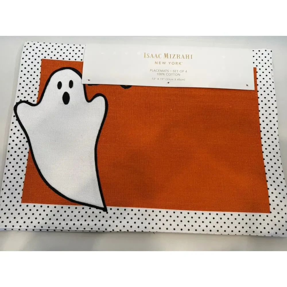 ISAAC MIZRAHI Halloween Ghost Placemats 13x19 Cotton White Orange Set of 4 New